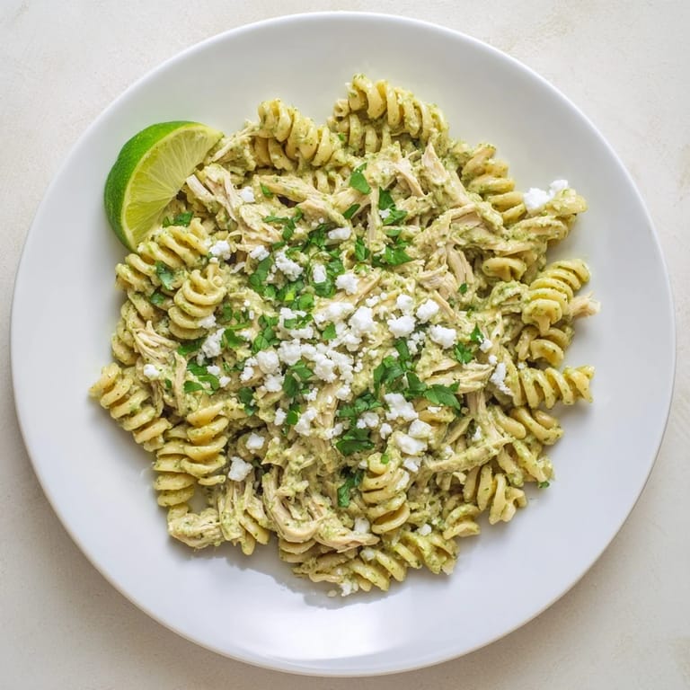 Cilantro lime chicken pasta tossed with rotini, shredded chicken, and fresh herbs in a vibrant green sauce.