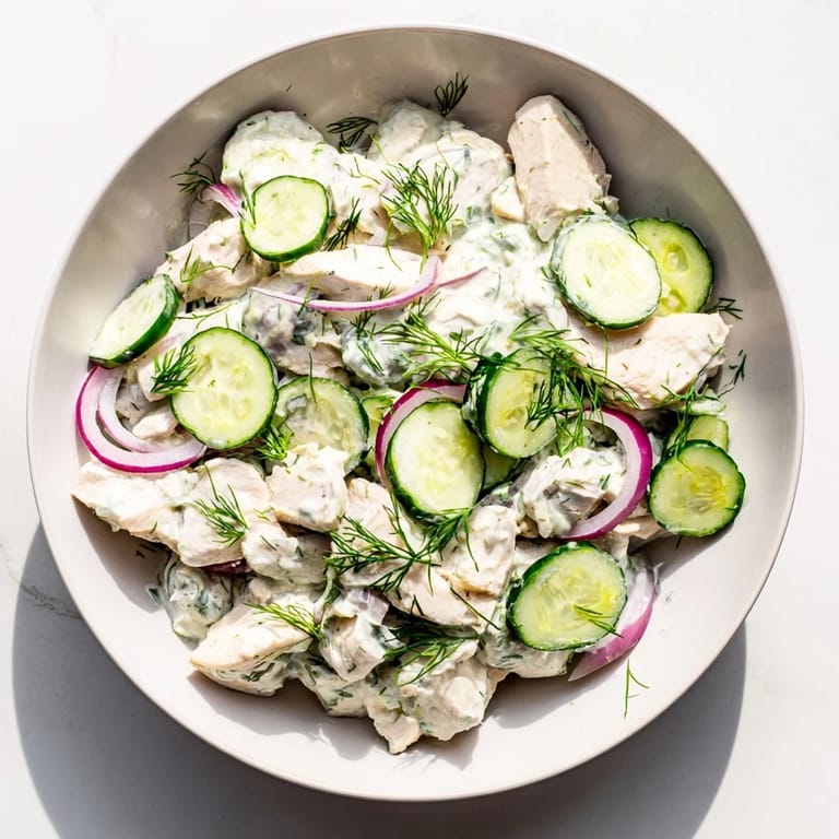 Creamy Cucumber Chicken Salad garnished with green onions and lemon wedges, ready to serve on a picnic table in summer.