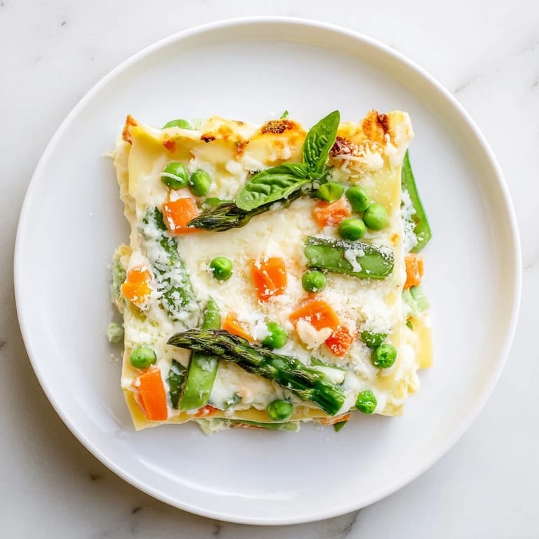 Spring Veggie Alfredo Lasagna baked in a 9x13 dish, topped with melted mozzarella and fresh basil garnish for serving.