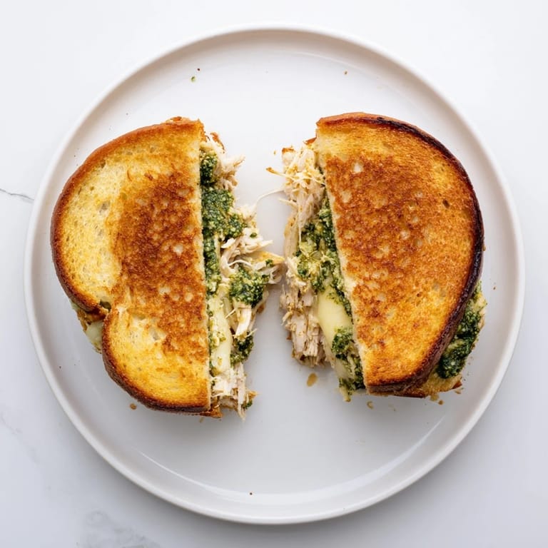 Warm Mozzarella Pesto Chicken Grilled Cheese served with a crisp Italian white wine on a rustic table.