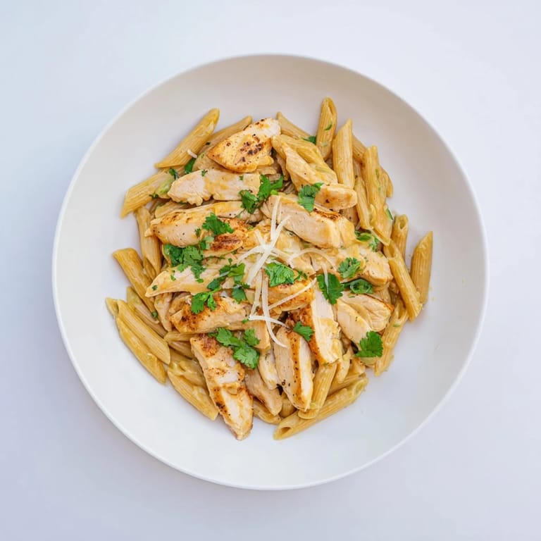 The Honey Chipotle Chicken Pasta is ready to serve, with a rich sauce clinging to the noodles and tender chicken pieces for a comforting meal.