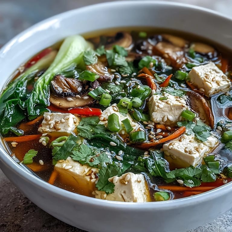 Asian Tofu and Vegetable Soup with vibrant, crisp vegetables ready to serve.