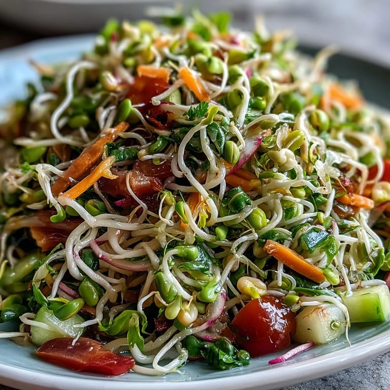 Healthy Sprouted Seed Salad recipe, showcasing crunchy sprouts and colorful garden ingredients.