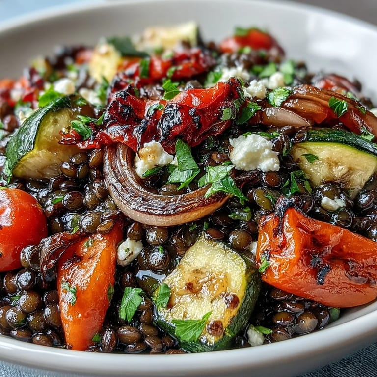 Delectable Black Lentil Salad with roasted vegetables, perfect for a light lunch.