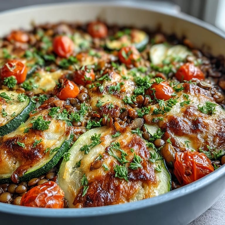 Baked green lentil and vegetable casserole, a wholesome and flavorful dish, ready to serve.