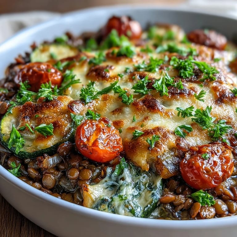 Visually appealing green lentil and vegetable casserole, packed with fresh vegetables and warm spices.