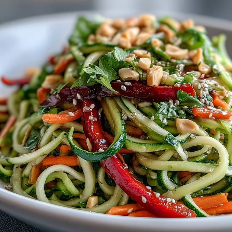 Close-up of a refreshing Raw Vegetable Noodle Salad with a ginger sesame sauce.