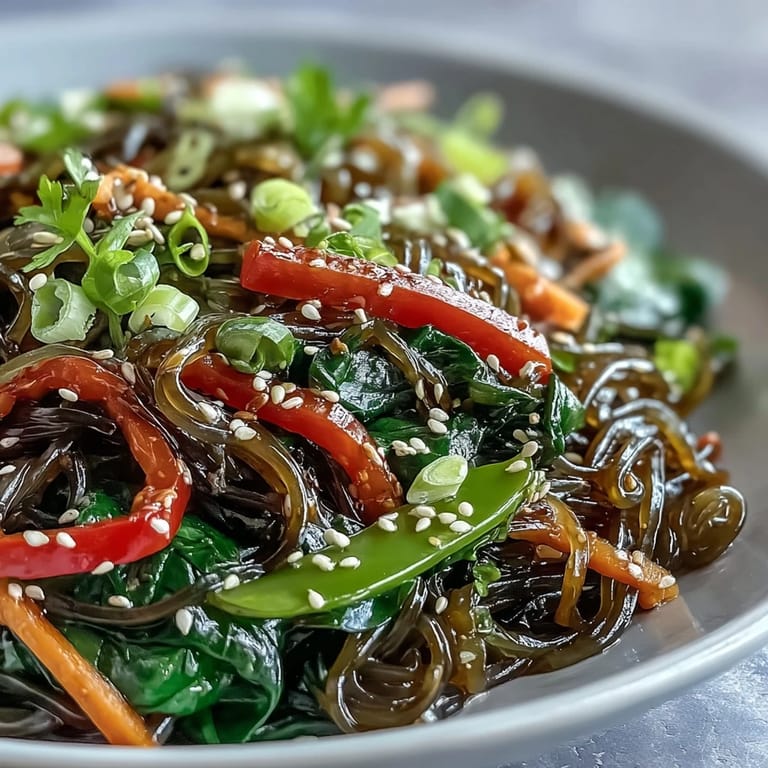 A close-up of crisp kelp noodles, red bell pepper, and snap peas tossed in a savory sauce.  