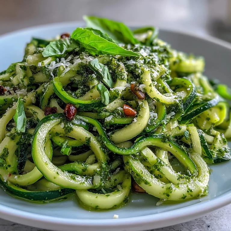 Close-up of fresh zucchini noodles tossed in herby, garlicky pesto sauce.