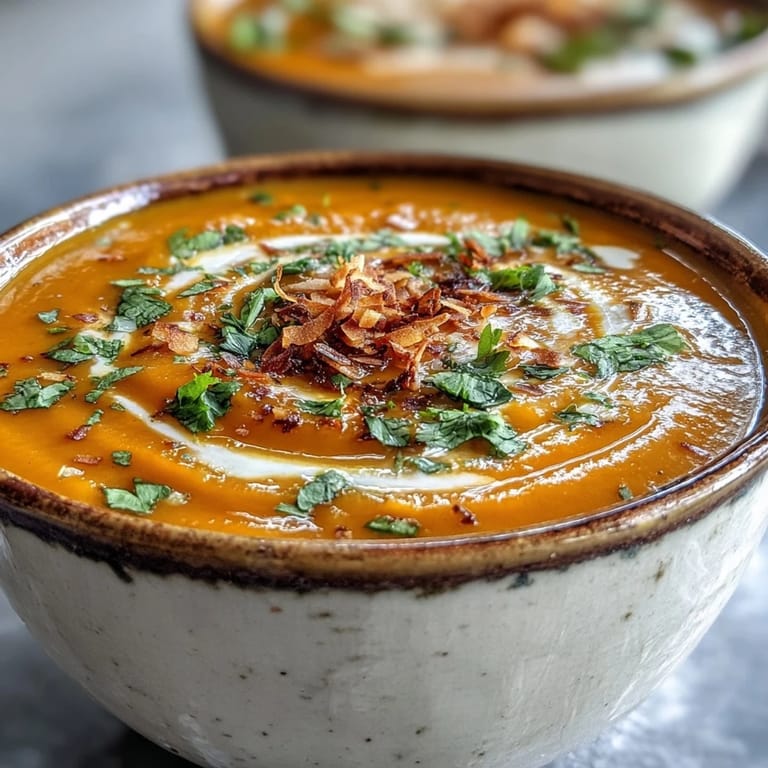 This vegan Carrot and Coconut Soup features a creamy, golden-orange texture, with steaming aromas of ginger and cumin.