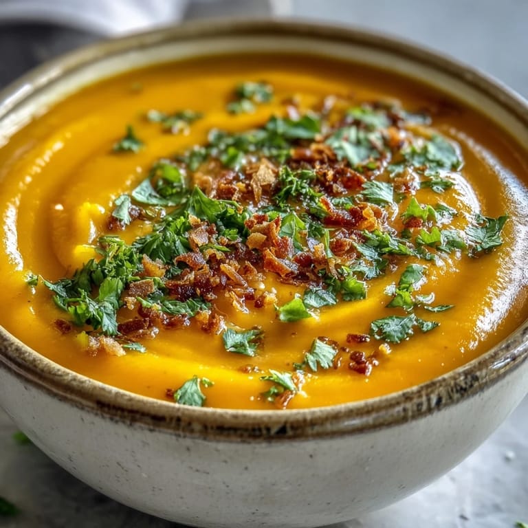 A ladle pours smooth, velvety Carrot and Coconut Soup into a rustic bowl, paired with a slice of crusty bread.