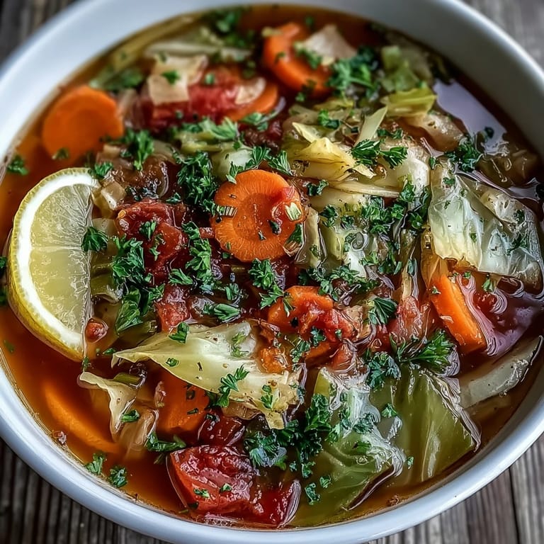 Hearty Cabbage Soup featuring zucchini and red bell peppers, perfect for a light vegan dinner or lunch.