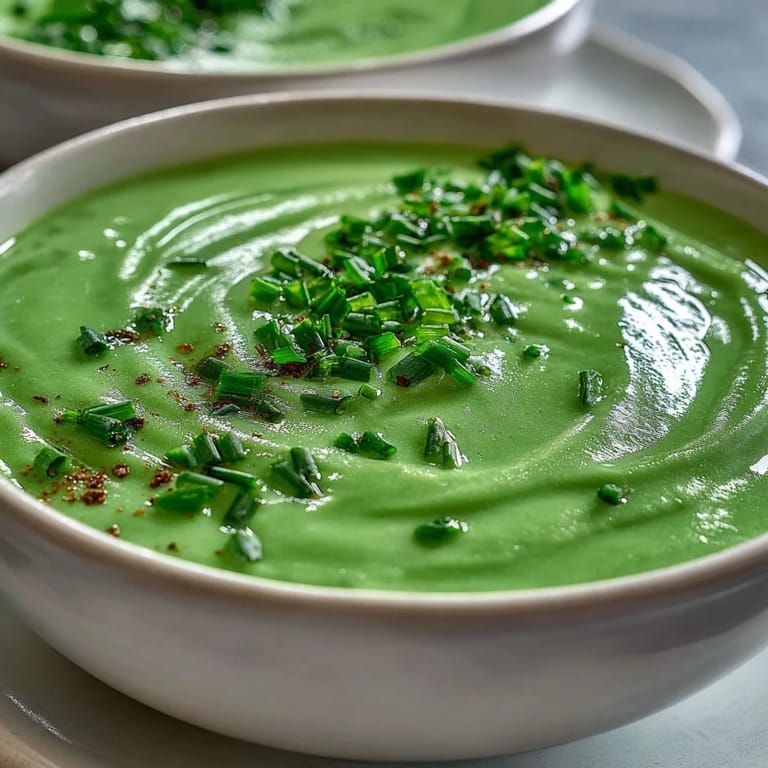 Smooth green Asparagus Soup with cream swirls, served beside crusty bread on a linen table setting.