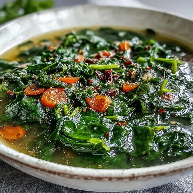 Overhead view of Swiss Chard Soup in a white bowl, served with crusty bread and Parmesan cheese.