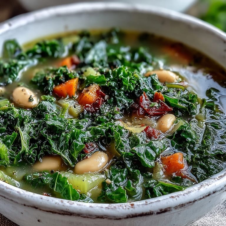 Healthy Kale Soup in a rustic bowl, garnished with fresh herbs and a lemon wedge for brightness.