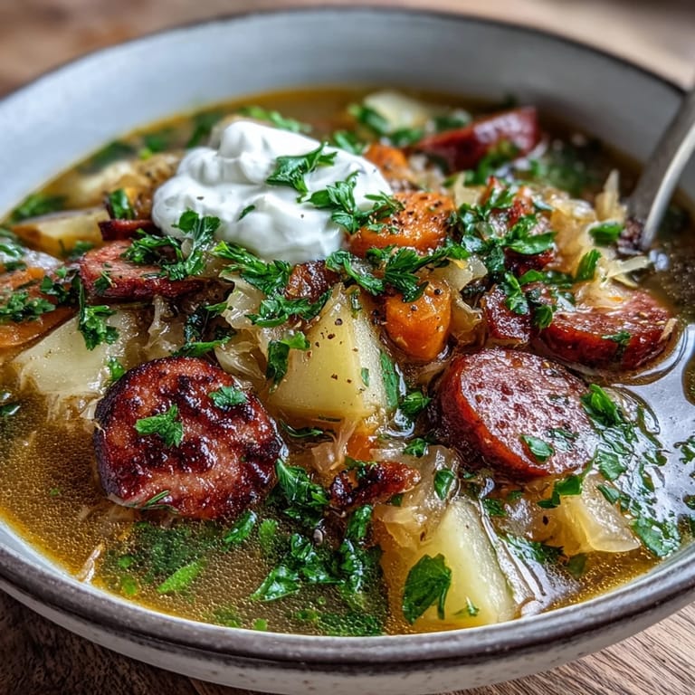 Hearty Sauerkraut Soup simmering in a pot with smoked kielbasa, potatoes, and carrots.