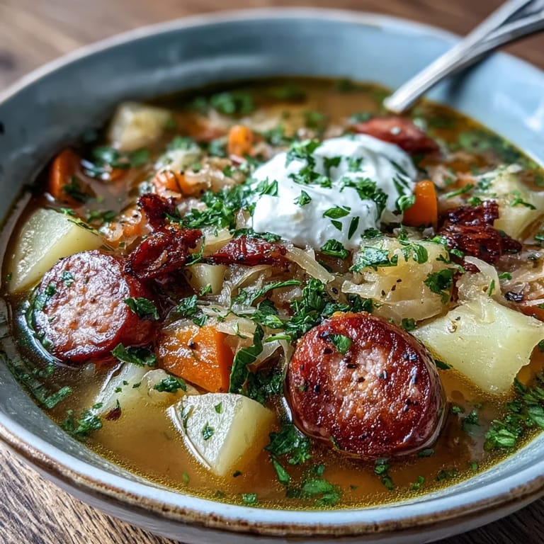 Rustic Sauerkraut Soup served in a dark ceramic bowl, ready to enjoy with crusty bread.
