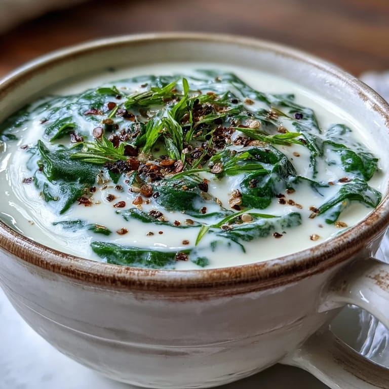 A bowl of creamy spinach soup garnished with black pepper, served alongside crusty artisan bread.