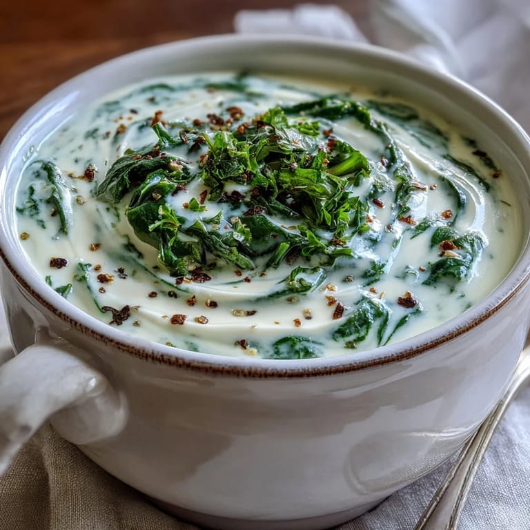 Steaming creamy spinach soup in a white bowl with tender greens and a hint of nutmeg.