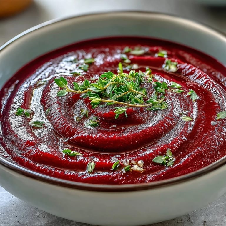 Comforting roasted beet soup served hot with crusty bread for a cozy vegetarian meal.