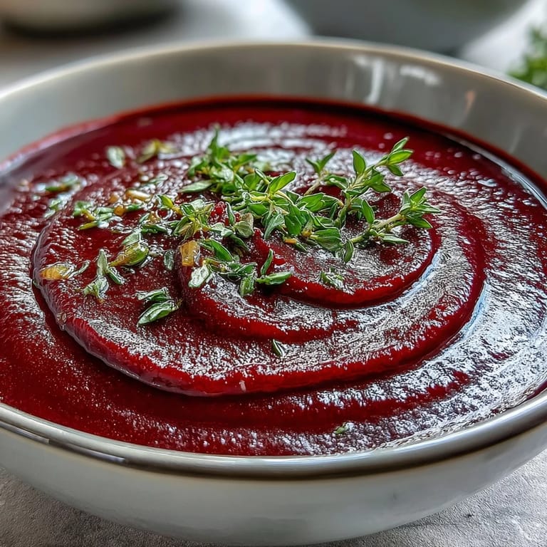 Homemade roasted beet soup with a vibrant red color and velvety texture in a rustic bowl.