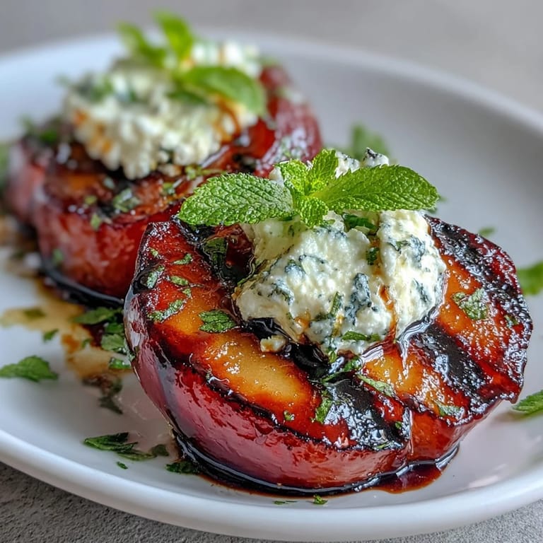 Caramelized plum halves topped with creamy goat cheese, drizzled with tangy balsamic glaze for an elegant appetizer.