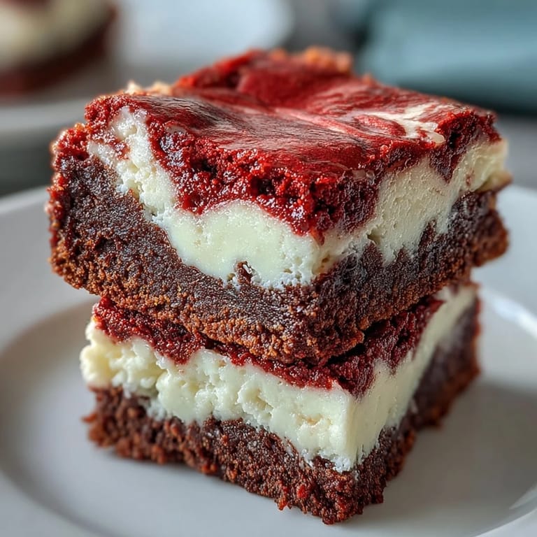 A close-up of Red Velvet Cheesecake Brownies highlights red velvet crumbs and smooth cheesecake layers.