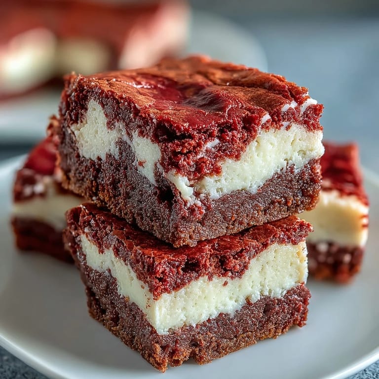 Sliced Red Velvet Cheesecake Brownies show gooey texture on a white plate, ready to serve.