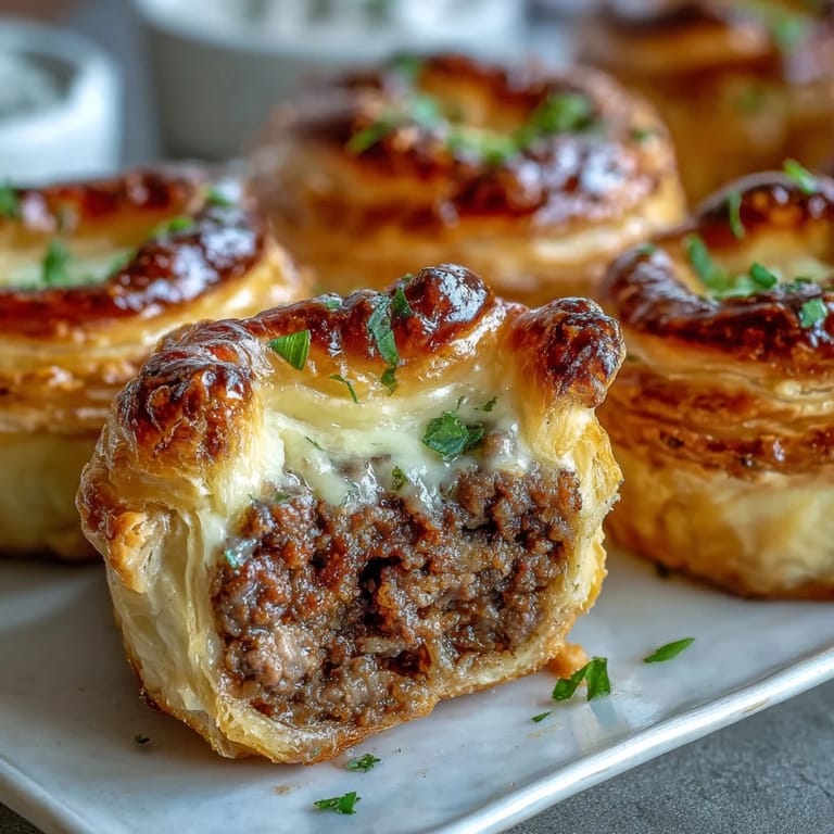 Hand-held Mini Beef Tourtières arranged on a wooden board, showcasing flaky crusts and rich beef filling.