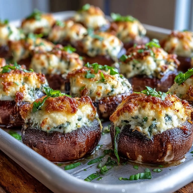Freshly baked Stuffed Asiago-Basil Mushrooms with melted Asiago cheese and toasted panko topping, ready to enjoy.