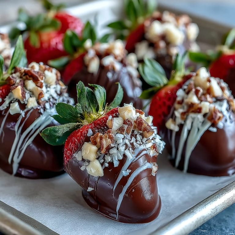 Chocolate-Covered Strawberries on a parchment-lined tray, topped with chopped nuts and white chocolate drizzle for a festive look. Chocolate-Covered Strawberries