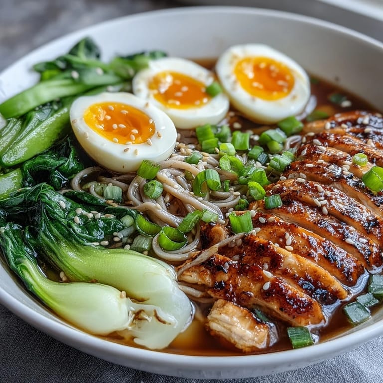 Spicy chili oil drizzled over Healthy Miso Chicken Noodle Bowls, garnished with scallions and sesame seeds.