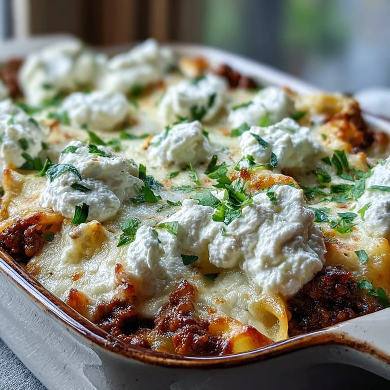 A close look at Cottage Cheese Protein Pasta Bake with Ground Beef reveals bubbling cheese and a hearty, protein-rich dinner.