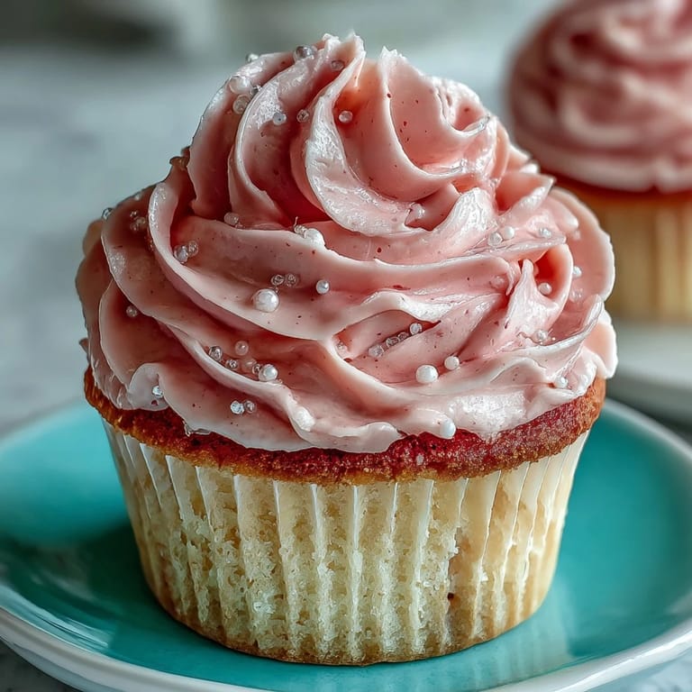A plated Pink Velvet Cupcake with vanilla buttercream shows moist crumb and pastel pink hue.