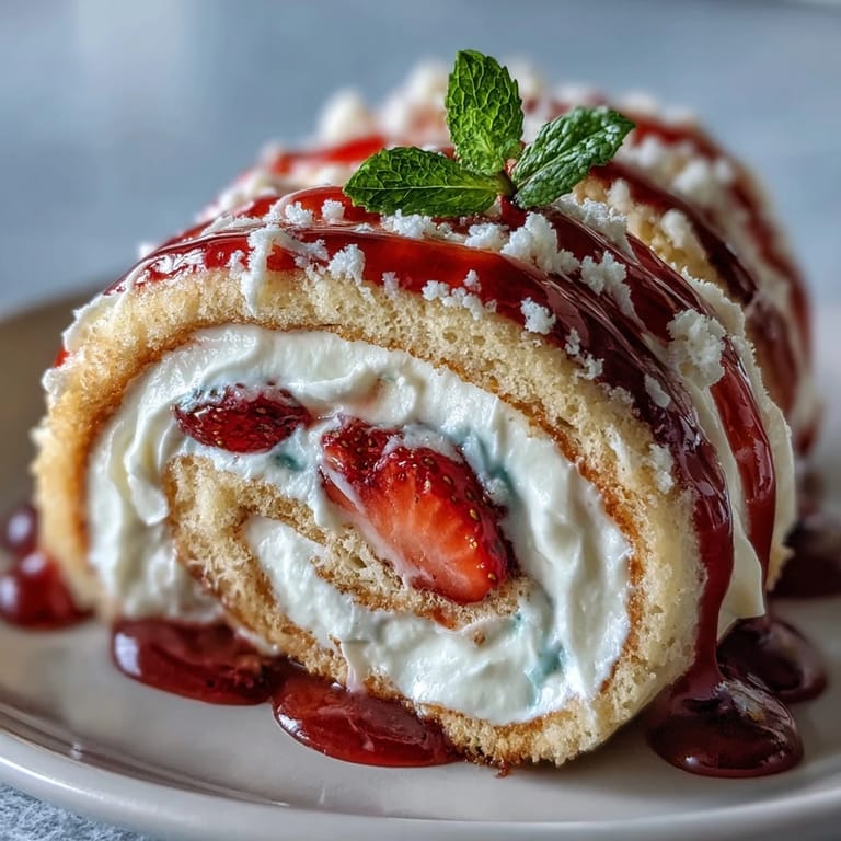 Homemade Strawberry Shortcake Sushi Roll arranged in pinwheels, garnished with mint and strawberry sauce for a sweet finish.