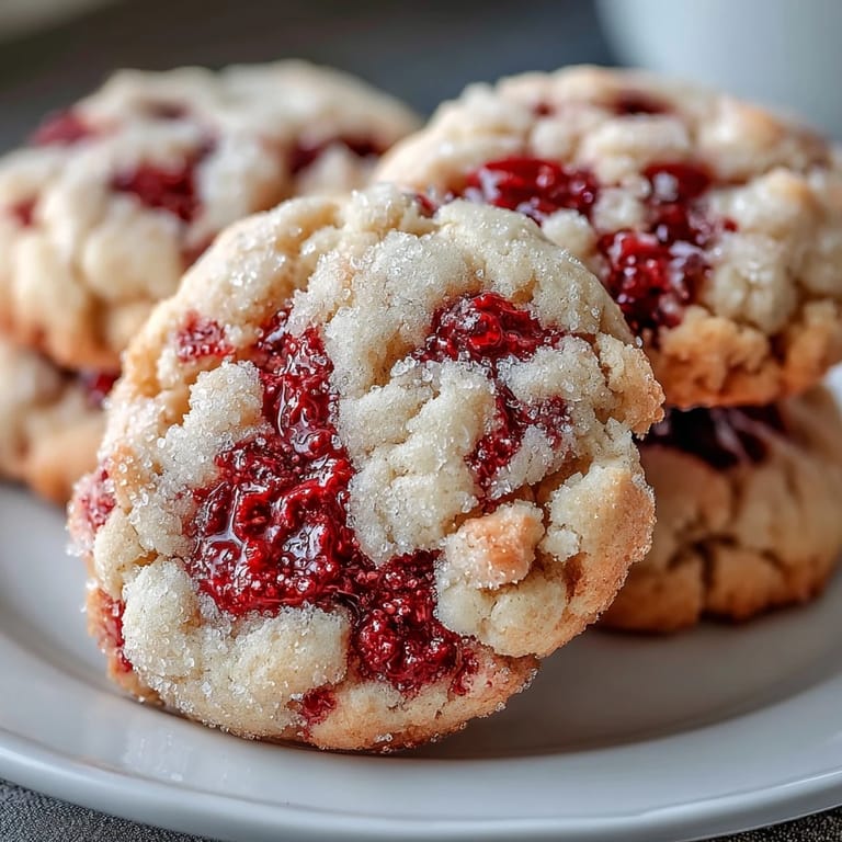 Close-up of Soft Chewy Raspberry Sugar Cookies showing a tender crumb and vibrant raspberry pieces on a rustic table.