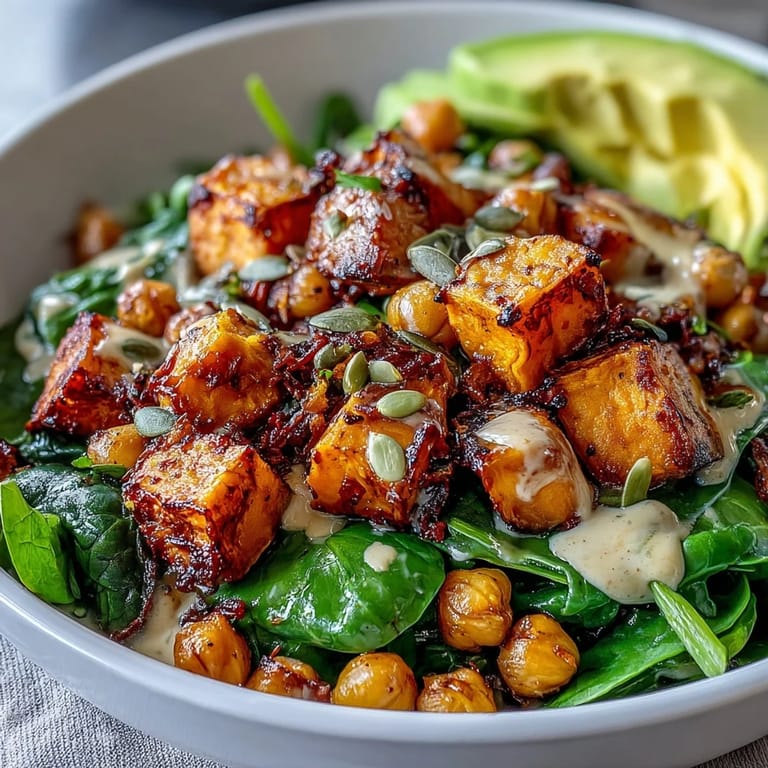 Golden roasted sweet potatoes and crispy chickpeas ready for a smoky chipotle tahini drizzle.