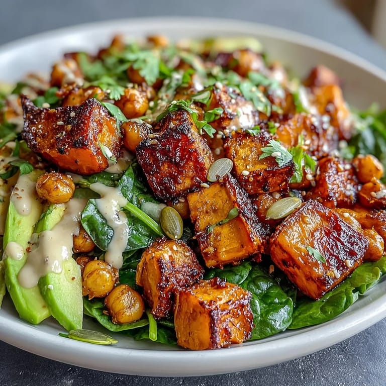 A nourishing roasted sweet potato and chickpea bowl with garlicky spinach and pumpkin seeds.