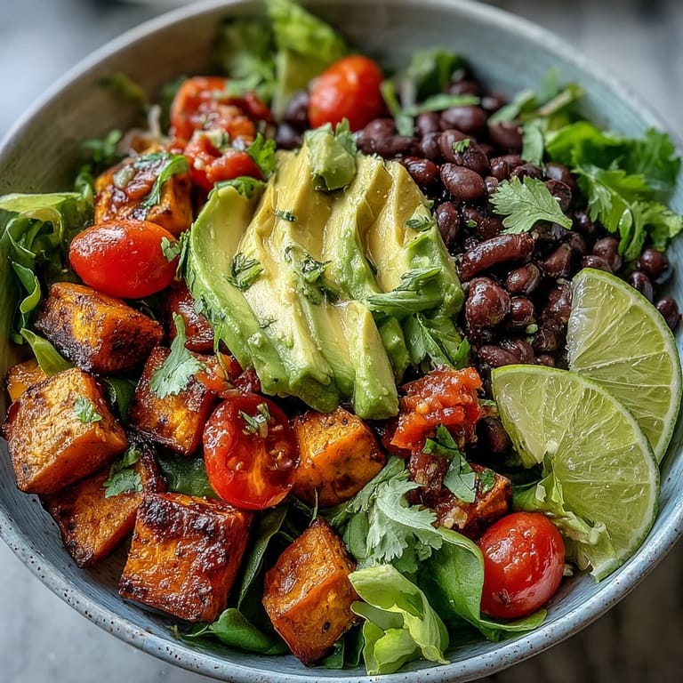 A warm Sweet Potato and Black Bean Bowl topped with black beans, juicy cherry tomatoes, cilantro, and a drizzle of lime dressing. 