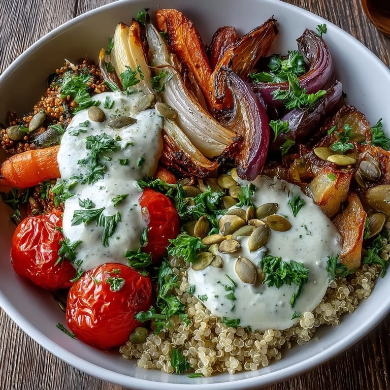Healthy vegan dinner idea: A warm Roasted Vegetable Quinoa Bowl topped with zucchini, bell peppers, and pumpkin seeds.