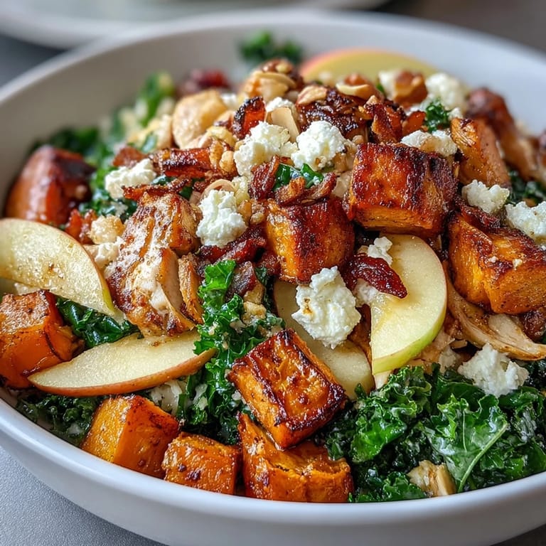 Colorful autumn-inspired sweet potato harvest bowl topped with tender chicken, crisp apples, creamy goat cheese, and crunchy almonds.