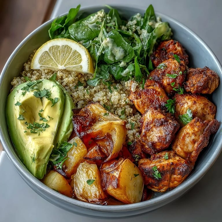 Smoky paprika-roasted vegetables, fluffy quinoa, and tender chicken served with fresh lemon-dressed greens.  