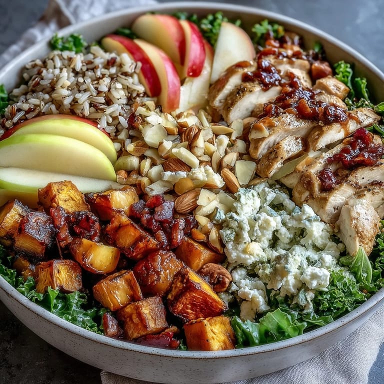 Hearty Harvest Bowl featuring massaged kale, wild rice, roasted chicken, sweet potatoes, crunchy almonds, and creamy goat cheese.