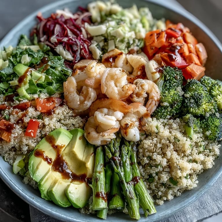 This nourishing Rainbow Vegetable Detox Bowl features crisp asparagus, broccoli, red cabbage, and shrimp, served over quinoa with a tangy balsamic vinaigrette.