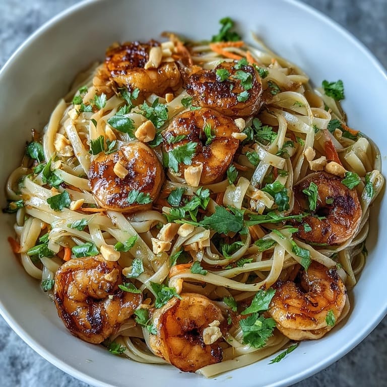 Vibrant Asian Noodle Bowl featuring rice noodles, sautéed shrimp, crisp vegetables, and a zesty lime-sesame dressing, garnished with chopped peanuts.