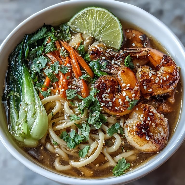 Savory Asian Noodle Bowl with Shrimp and Scallops, showcasing plump seafood, colorful vegetables, and delicate noodles in fragrant, Asian-inspired broth.