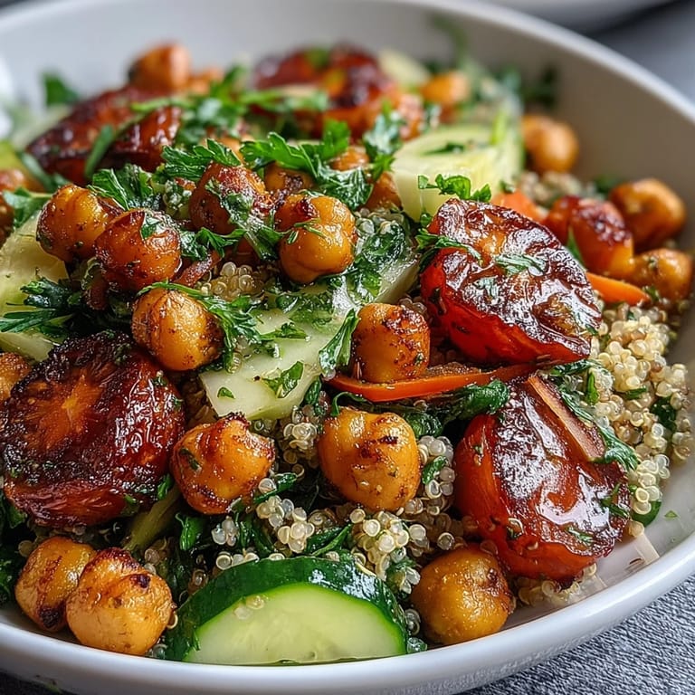 Colorful lemon vinaigrette grain bowl loaded with quinoa, crispy chickpeas, and crunchy vegetables for a healthy meal.