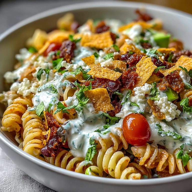Vibrant Taco Pasta Salad featuring cherry tomatoes, avocado, and cheddar cheese—perfect for potluck gatherings and sunny picnics.