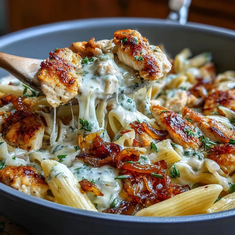Rich French onion chicken pasta featuring golden onions, juicy chicken, and a creamy cheese sauce in one pot.