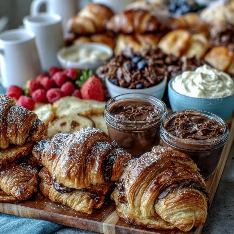 Vibrant pastry and fruit brunch board with colorful berries, croissants, and champagne mimosas, ideal for Mothers Day entertaining.